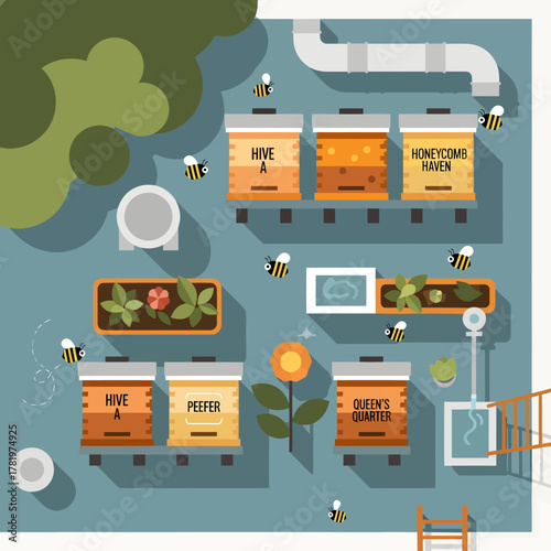 Overhead View of a Modern Bee Farm with Hives and Greenery.