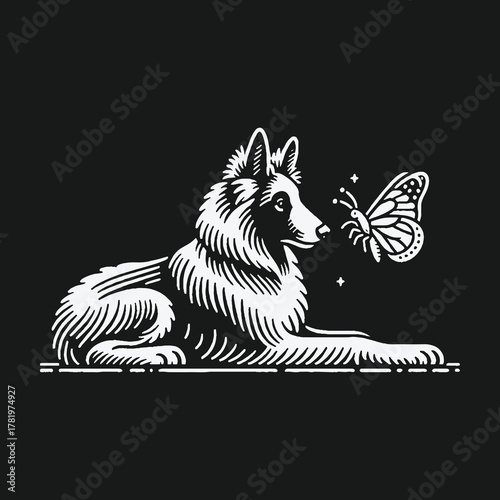 Monochrome linocut style illustration of a gentle dog and butterfly.