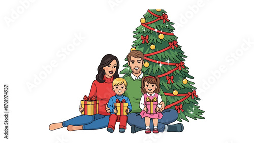 Holiday Gathering: A family gathers near a decorated Christmas tree, exchanging gifts, and sharing the spirit of togetherness in a scene of festive warmth and joy.