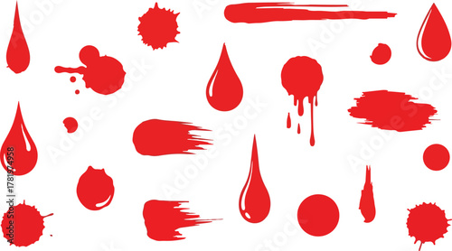 Varied shapes of red ink blots and drips displayed against a plain white background