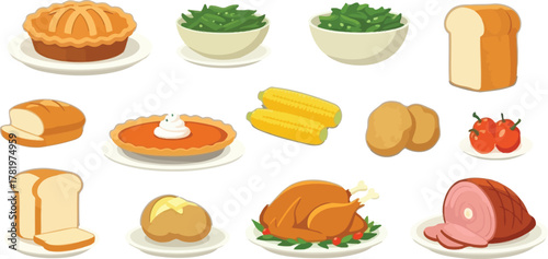 Festive Thanksgiving feast showcasing a delicious spread of holiday favorites like turkey, ham, pie, and more, perfect for celebrating with loved ones