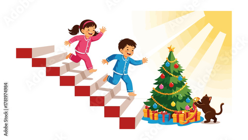 Joyful Anticipation: Two children, bursting with excitement, race down a staircase towards a festively adorned Christmas tree, their faces alight with holiday wonder. 