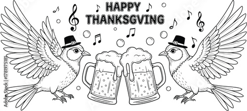 Charming birds in pilgrim hats toast with frothy beer mugs, celebrating a festive Happy Thanksgiving with musical notes and bubbles