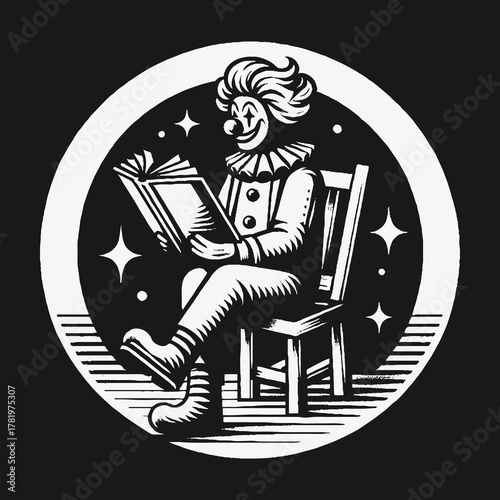 Vintage black and white illustration of a clown reading a book.