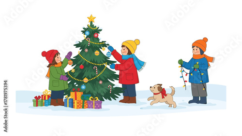 Decorating Christmas Tree: A joyous scene unfolds as children decorate a Christmas tree outside on a snowy day, a delightful moment of seasonal cheer.