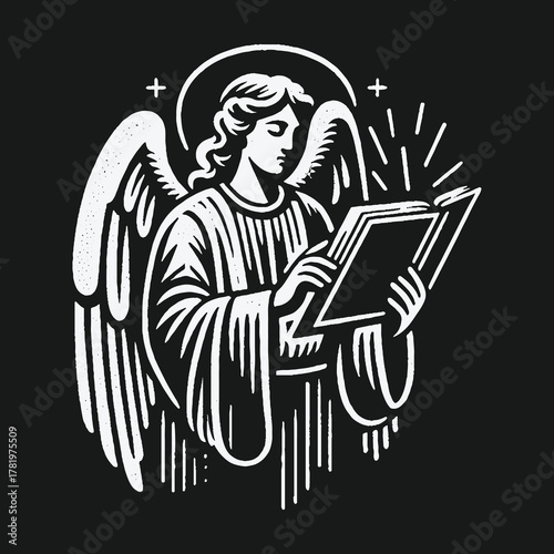 Vintage black and white illustration of a celestial angel reading a book.
