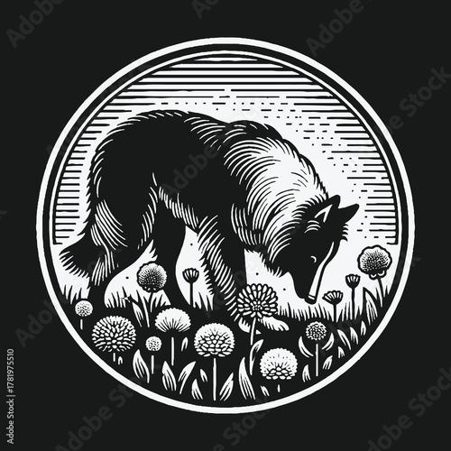 Vintage woodcut style illustration of a Border Collie sniffing wildflowers.