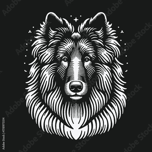 Majestic Collie Dog Head Black and White Graphic Illustration.