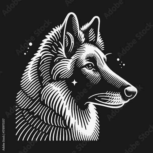 Stylized German Shepherd dog head portrait in white line art on a black background.