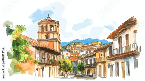 Cuenca Historic Center. Cuenca Historic Center hand drawn watercolor illustration