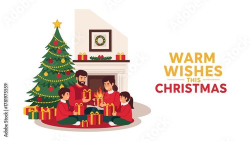 Joyous Christmas Gathering: A family shares the joy of gift-giving near a festively decorated tree. Capturing the spirit of togetherness and warmth this holiday season.