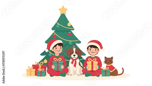 Christmas Morning Delight: Two children, wearing festive attire, sit with their beloved pets, surrounded by wrapped gifts beneath a beautifully decorated Christmas tree.
