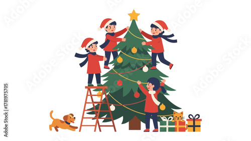 Holiday Cheer and Festive Decoration: Children collaborate joyfully to adorn the Christmas tree, spreading festive cheer and embodying the essence of the holiday spirit.