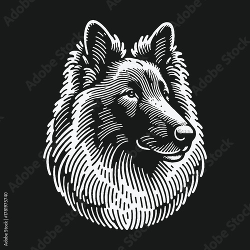 Vintage engraving style illustration of a noble shepherd dog head.
