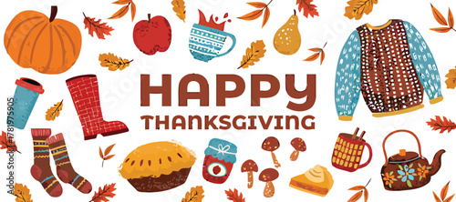 Celebrate Thanksgiving warmth with cozy autumn elements and festive holiday greetings, perfect for seasonal promotions and greetings.