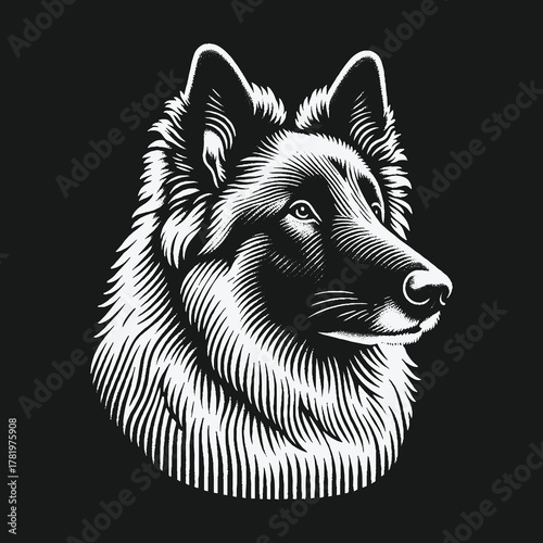 Black and white engraving style portrait of a majestic German Shepherd dog head.