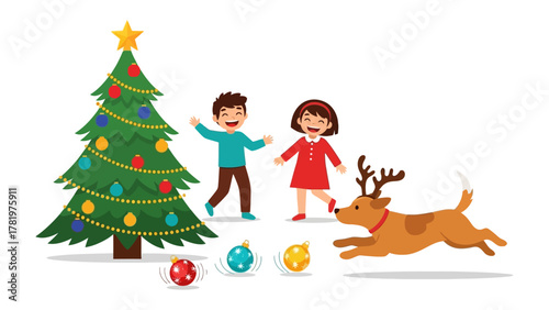 Holiday Joy: A heartwarming scene unfolds as two children joyfully play with a reindeer and a beautifully decorated Christmas tree, evoking the magic of the holiday season.