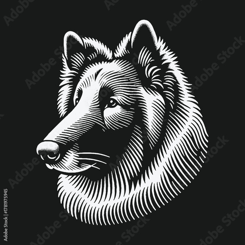 Monochrome Wolf Head Portrait in a Classic Woodcut Style.