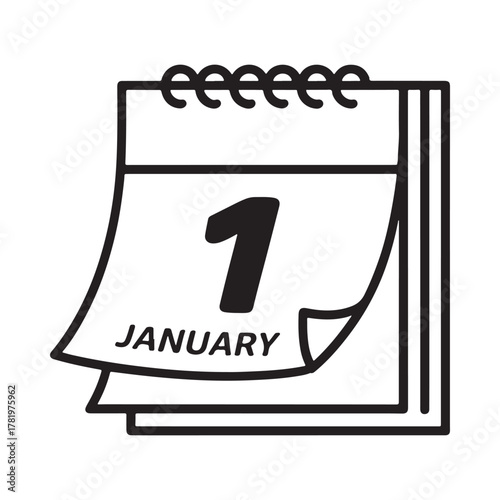 Simple line art icon of a calendar page showing january first