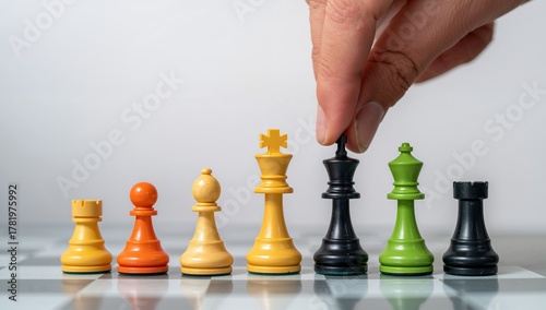 Colorful Chess Arrangement with Hand Placement on a Checkered Surface, Abstract Game.