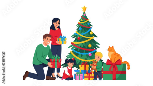 Festive Cheer: A Family's Joyous Christmas: A warm and inviting illustration captures a family's joyous celebration, complete with a beautifully adorned Christmas tree, wrapped gifts.
