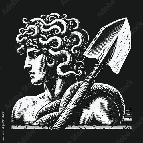 Monochrome Engraving of Mythological Medusa Statue Holding a Shovel.