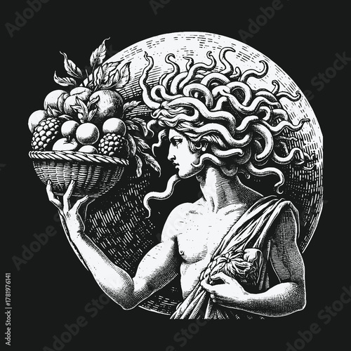 Classical engraving of a mythological male figure with snake hair holding a basket of fruit.