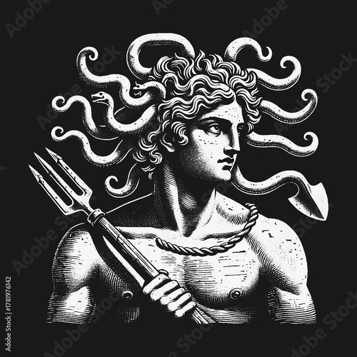 Monochrome illustration of a mythological male Medusa figure holding a trident.