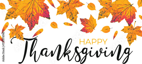 Celebrate autumn's bounty with vibrant fall leaves and a joyous "Happy Thanksgiving" message, perfect for seasonal greetings and festive designs.