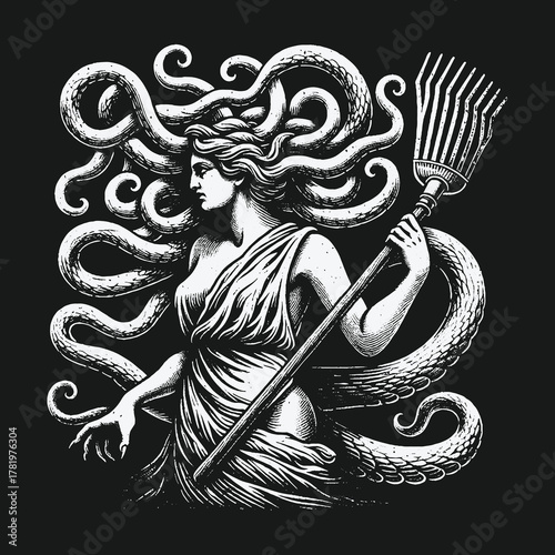 Mythological Medusa Gorgon with Tentacle Hair Holding a Broom.