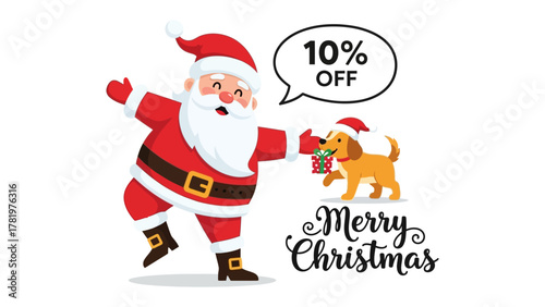 Santa's Festive Discount: Santa Claus, filled with holiday cheer, offers a special 10% off promotion. Beside him, a puppy joyfully delivers presents, with the scene completed by a festive greeting.