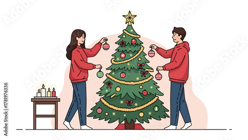 Festive Decorators: A cheerful duo decorates a Christmas tree, radiating warmth and excitement. Capturing the joy of the holiday spirit.
