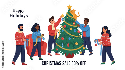 Holiday Decorating Team: A diverse group of friends or family members collaboratively decorate a festive Christmas tree, adorned with shimmering ornaments, symbolizing the spirit of togetherness, joy.