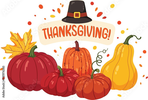 Celebrate autumn harvest bounty with vibrant pumpkins and festive Thanksgiving greetings adorned with a pilgrim hat