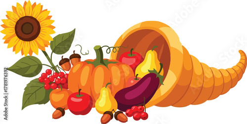 Abundant harvest cornucopia overflows with vibrant fruits vegetables sunflower and wheat celebrating autumn bounty and Thanksgiving joy
