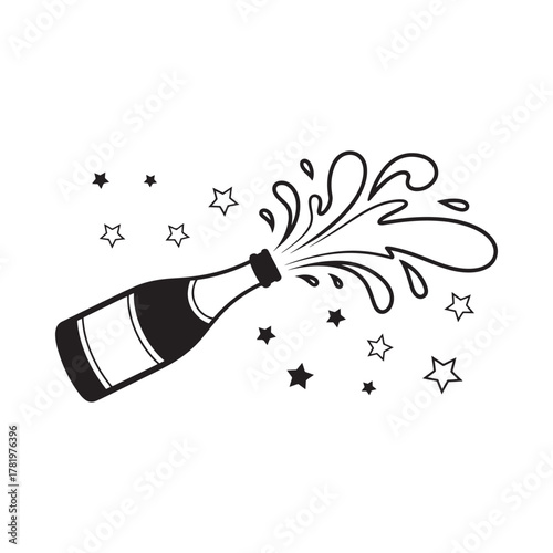 Doodle of a champagne bottle popping with stars and splashes