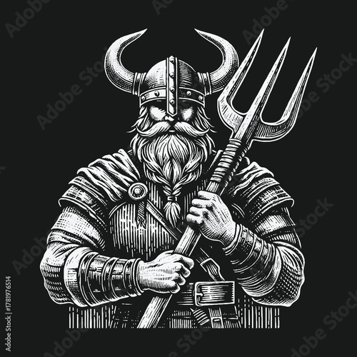 Monochrome illustration of a powerful Viking warrior holding a trident.