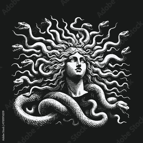 Mythological Medusa Gorgon with Writhing Snakes for Hair Illustration.