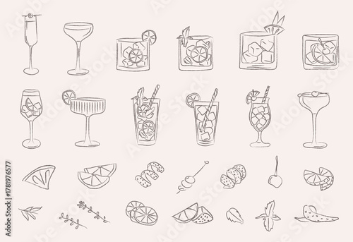 Retro cocktail doodle set with hand drawn garnish, classic drinks and vintage bar glass icons. Whimsical vector illustration for kitchen decor, party menu or creative wall art.
