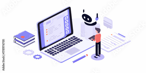 Person interacting with a laptop and robot assistant for digital workflow and data analysis