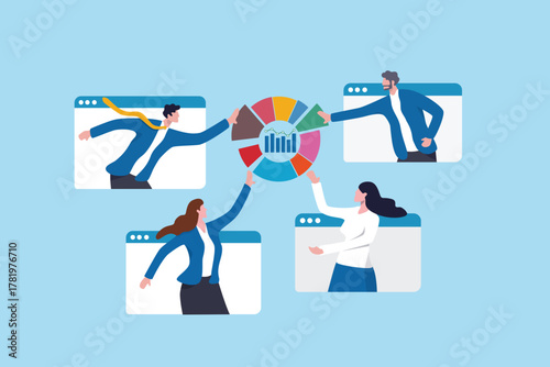 Staff engagement, community participation, collaboration or support concept, business people teamwork working together with pie chart participation.