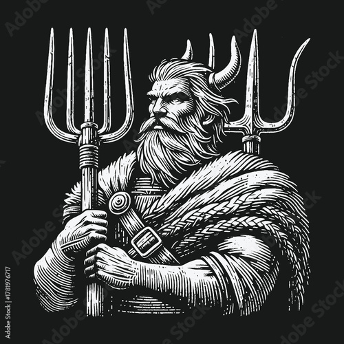 Monochrome Engraved Illustration of a Horned Mythological God.