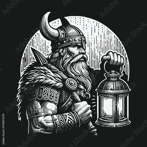 Monochrome Viking Warrior with Horned Helmet Holding Axe and Lantern.