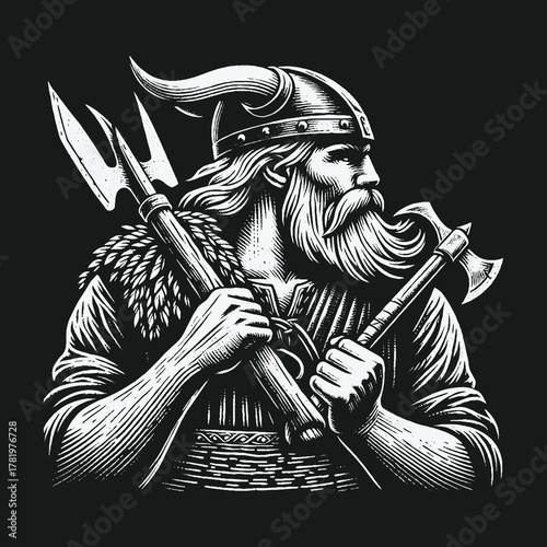 Monochrome illustration of a powerful Viking warrior holding an axe and trident.