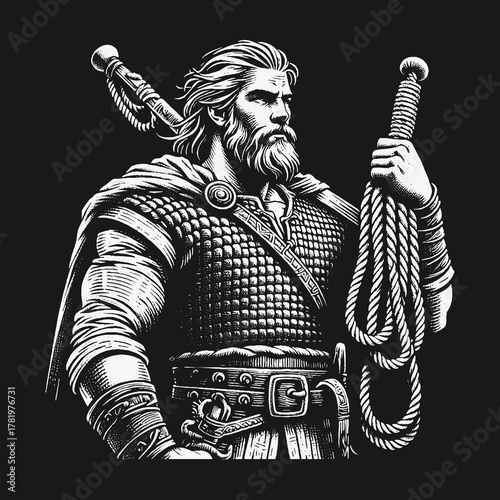 Black and White Engraving Style Portrait of a Viking Warrior.