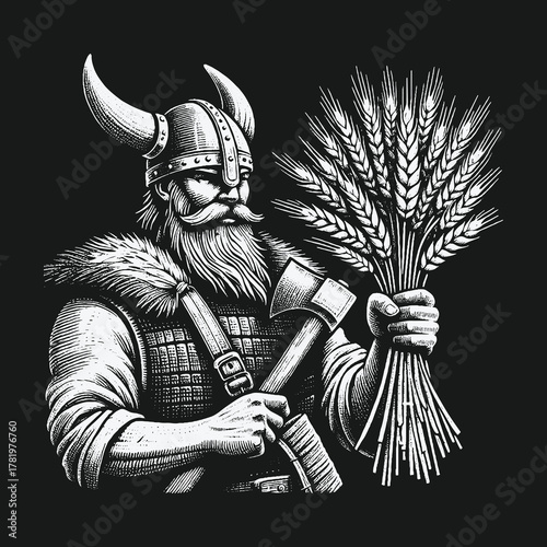 Strong bearded Viking warrior holding a battle axe and a sheaf of wheat.