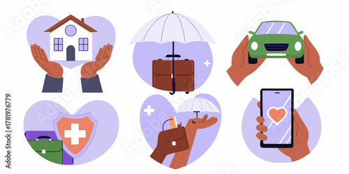 Hands protecting and insuring various assets and life events with umbrellas and hearts