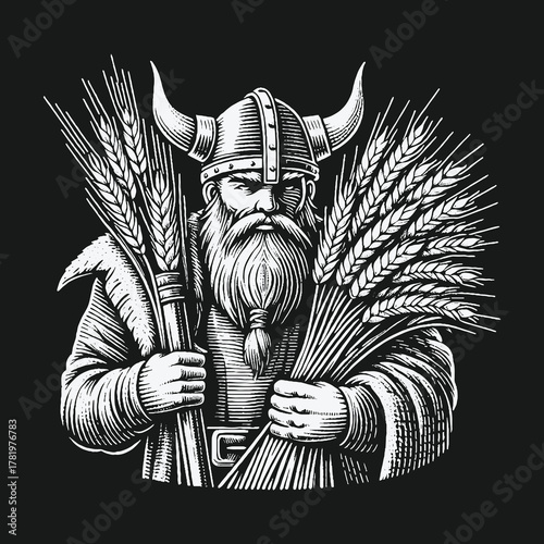 Monochrome engraving of a bearded Viking in a horned helmet holding wheat.