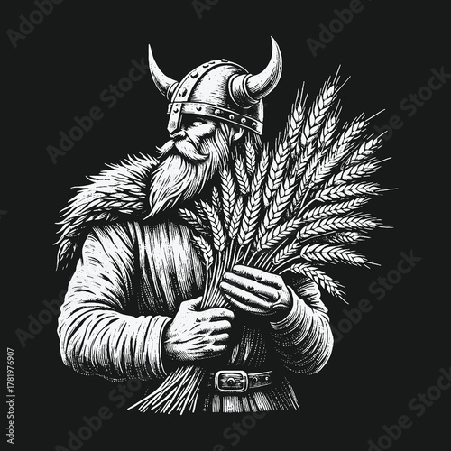 Black and white illustration of a Viking farmer holding harvested grain.