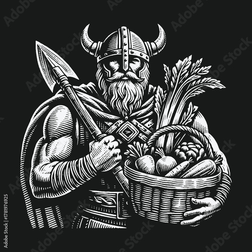 Viking Warrior Gardener with Shovel and Basket of Fresh Vegetables Illustration.